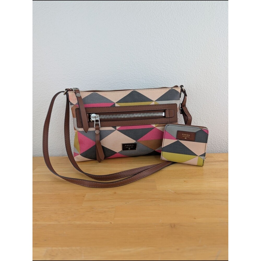 Fossil Dawson Coated Canvas Geometric Multi-Color Crossbody Bag Matching Wallet